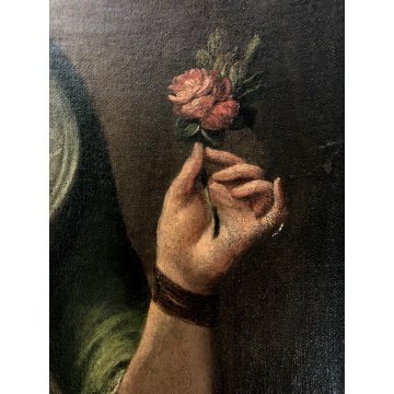 ANTICO QUADRO RITRATTO FEMMINILE GIOVANE DAMA con VELO FIORE VENTAGLIO SPAGNA