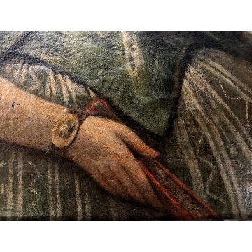 ANTICO QUADRO RITRATTO FEMMINILE GIOVANE DAMA con VELO FIORE VENTAGLIO SPAGNA