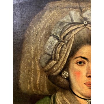 ANTICO QUADRO RITRATTO FEMMINILE GIOVANE DAMA con VELO FIORE VENTAGLIO SPAGNA