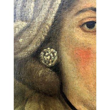 ANTICO QUADRO RITRATTO FEMMINILE GIOVANE DAMA con VELO FIORE VENTAGLIO SPAGNA