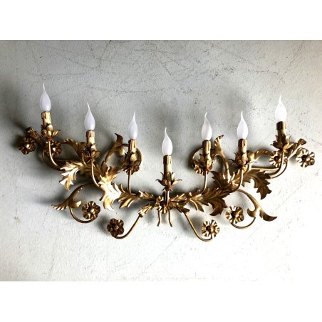 GRANDE APPLIQUE FERRO BATTUTO '900 RAMAGE FOGLIE ORO 7 LUCI LAMPADA PARETE OLD