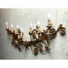 GRANDE APPLIQUE FERRO BATTUTO '900 RAMAGE FOGLIE ORO 7 LUCI LAMPADA PARETE OLD