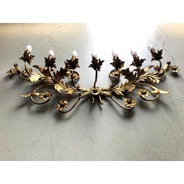 GRANDE APPLIQUE FERRO BATTUTO '900 RAMAGE FOGLIE ORO 7 LUCI LAMPADA PARETE OLD