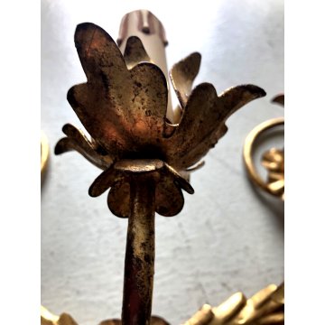 GRANDE APPLIQUE FERRO BATTUTO '900 RAMAGE FOGLIE ORO 7 LUCI LAMPADA PARETE OLD