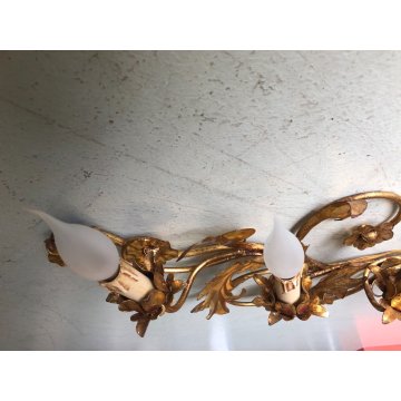 GRANDE APPLIQUE FERRO BATTUTO '900 RAMAGE FOGLIE ORO 7 LUCI LAMPADA PARETE OLD