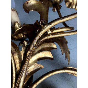 GRANDE APPLIQUE FERRO BATTUTO '900 RAMAGE FOGLIE ORO 7 LUCI LAMPADA PARETE OLD