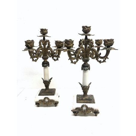 ANTICA COPPIA CANDELABRO MARMO OTTONE CANDELIERE PORTA CANDELA 5 BRACCI '900