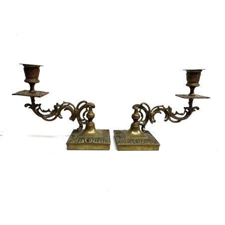 ANTICA COPPIA CANDELIERE da TAVOLO OTTONE CANDELABRO PORTA CANDELA BUGIA '900