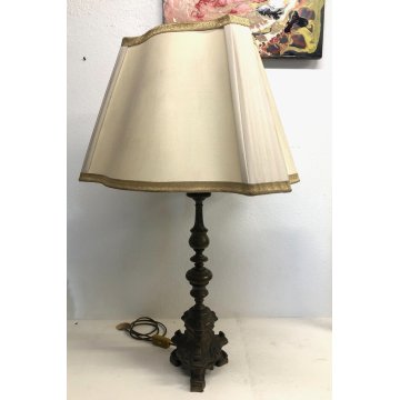 LAMPADA TAVOLO VINTAGE BRONZO PATINA ABATJOUR PARALUME TESSUTO 3 LUMI MIDCENTURY