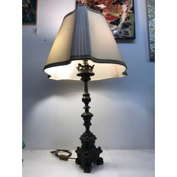LAMPADA TAVOLO VINTAGE BRONZO PATINA ABATJOUR PARALUME TESSUTO 3 LUMI MIDCENTURY