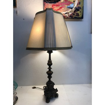 LAMPADA TAVOLO VINTAGE BRONZO PATINA ABATJOUR PARALUME TESSUTO 3 LUMI MIDCENTURY