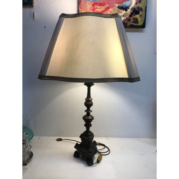 LAMPADA TAVOLO VINTAGE BRONZO PATINA ABATJOUR PARALUME TESSUTO 3 LUMI MIDCENTURY