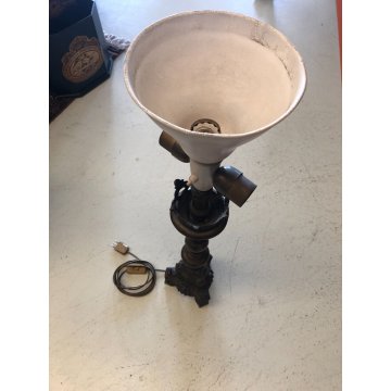 LAMPADA TAVOLO VINTAGE BRONZO PATINA ABATJOUR PARALUME TESSUTO 3 LUMI MIDCENTURY