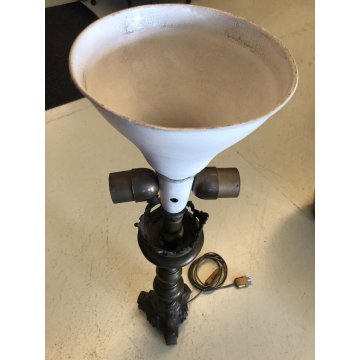 LAMPADA TAVOLO VINTAGE BRONZO PATINA ABATJOUR PARALUME TESSUTO 3 LUMI MIDCENTURY