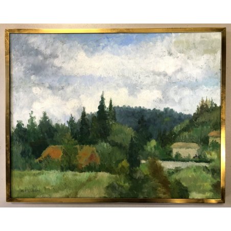 ANTICO QUADRO DIPINTO OLIO "Mezzadra" PAESAGGIO CAMPAGNA NEOIMPRESSIONISMO 900
