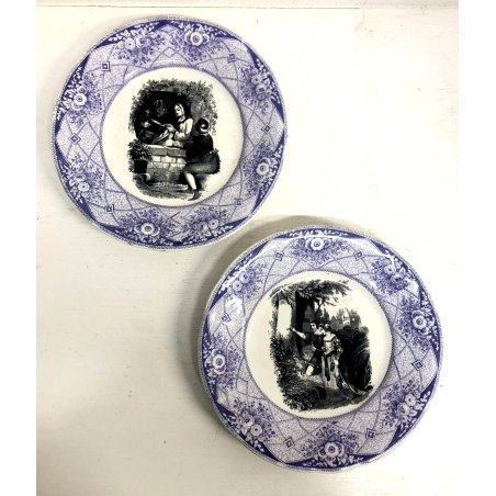 COPPIA PIATTO ISTORIATO PARATA CERAMICA B&V Wallerfangen SMALTO MOCROMO Metà 900