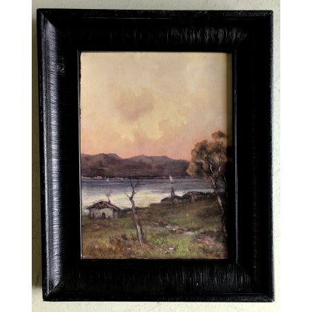 ANTICO DIPINTO OLIO Lorenzo Gignous PAESAGGIO LACUSTRE Lugano San Sisto '800