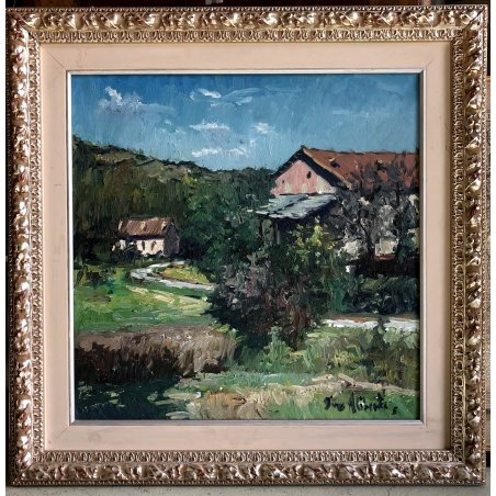 QUADRO DIPINTO OLIO Dino Aliberti PAESAGGIO CASTELNUOVO DON BOSCO CASOLARI '900