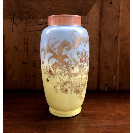 ANTICO VASO VETRO OPALINO Liberty DECORO FIORI FOGLIE PASTA VETRO ORO ZECCHINO