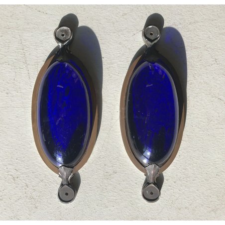 COPPIA APPLIQUE WALL LAMP SCONCE Art Nouveau VETRO SOFFIATO BLU OTTONE PATINA