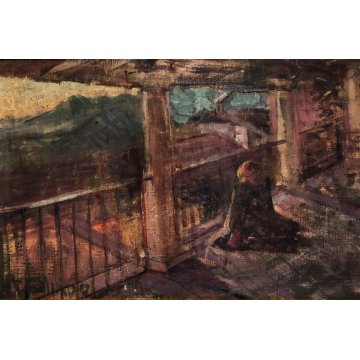 ANTICO DIPINTO OLIO TELA FIGURA PREGHIERA PAESAGGIO ALBA TRAMONTO ARTE BALCONE