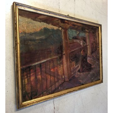 ANTICO DIPINTO OLIO TELA FIGURA PREGHIERA PAESAGGIO ALBA TRAMONTO ARTE BALCONE