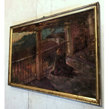ANTICO DIPINTO OLIO TELA FIGURA PREGHIERA PAESAGGIO ALBA TRAMONTO ARTE BALCONE