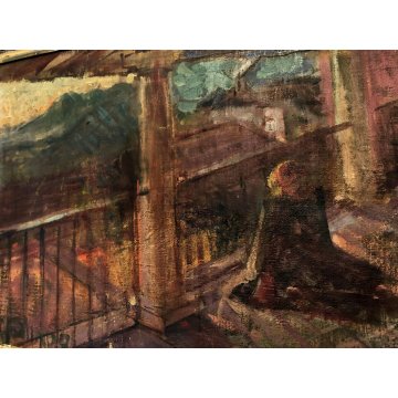 ANTICO DIPINTO OLIO TELA FIGURA PREGHIERA PAESAGGIO ALBA TRAMONTO ARTE BALCONE