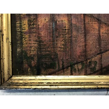 ANTICO DIPINTO OLIO TELA FIGURA PREGHIERA PAESAGGIO ALBA TRAMONTO ARTE BALCONE