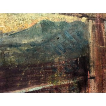 ANTICO DIPINTO OLIO TELA FIGURA PREGHIERA PAESAGGIO ALBA TRAMONTO ARTE BALCONE