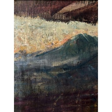 ANTICO DIPINTO OLIO TELA FIGURA PREGHIERA PAESAGGIO ALBA TRAMONTO ARTE BALCONE