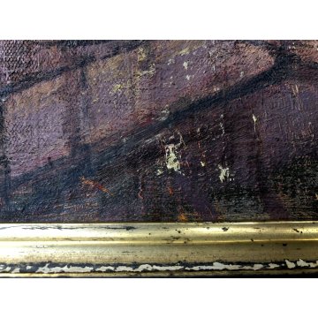 ANTICO DIPINTO OLIO TELA FIGURA PREGHIERA PAESAGGIO ALBA TRAMONTO ARTE BALCONE