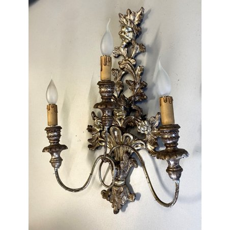 VECCHIA APPLIQUE LEGNO FOGLIA ARGENTO LAMPADA PARETE 3 LUCI stile impero