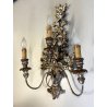 VECCHIA APPLIQUE LEGNO FOGLIA ARGENTO LAMPADA PARETE 3 LUCI stile impero
