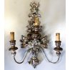 VECCHIA APPLIQUE LEGNO FOGLIA ARGENTO LAMPADA PARETE 3 LUCI stile impero