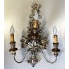 VECCHIA APPLIQUE LEGNO FOGLIA ARGENTO LAMPADA PARETE 3 LUCI stile impero