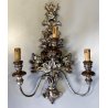 VECCHIA APPLIQUE LEGNO FOGLIA ARGENTO LAMPADA PARETE 3 LUCI stile impero