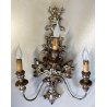 VECCHIA APPLIQUE LEGNO FOGLIA ARGENTO LAMPADA PARETE 3 LUCI stile impero