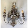 VECCHIA APPLIQUE LEGNO FOGLIA ARGENTO LAMPADA PARETE 3 LUCI stile impero