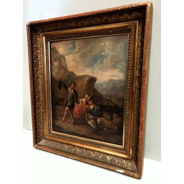 ANTICO DIPINTO OLIO PAESAGGIO SCENA PASTORE PASTORELLA DANZA FLAUTO PECORE  '700