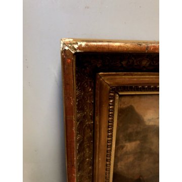 ANTICO DIPINTO OLIO PAESAGGIO SCENA PASTORE PASTORELLA DANZA FLAUTO PECORE  '700