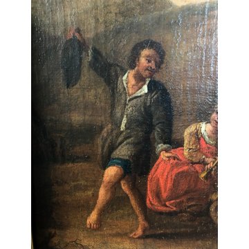 ANTICO DIPINTO OLIO PAESAGGIO SCENA PASTORE PASTORELLA DANZA FLAUTO PECORE  '700