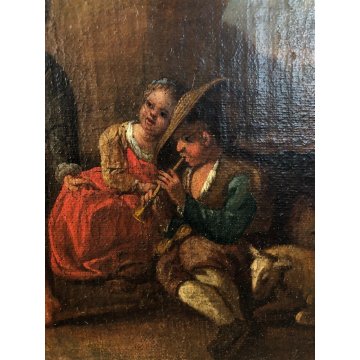 ANTICO DIPINTO OLIO PAESAGGIO SCENA PASTORE PASTORELLA DANZA FLAUTO PECORE  '700