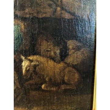 ANTICO DIPINTO OLIO PAESAGGIO SCENA PASTORE PASTORELLA DANZA FLAUTO PECORE  '700