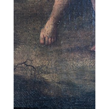 ANTICO DIPINTO OLIO PAESAGGIO SCENA PASTORE PASTORELLA DANZA FLAUTO PECORE  '700
