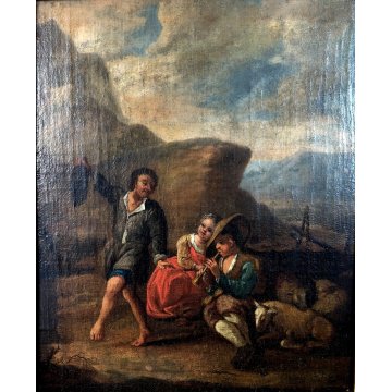ANTICO DIPINTO OLIO PAESAGGIO SCENA PASTORE PASTORELLA DANZA FLAUTO PECORE  '700