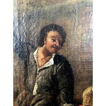 ANTICO DIPINTO OLIO PAESAGGIO SCENA PASTORE PASTORELLA DANZA FLAUTO PECORE  '700