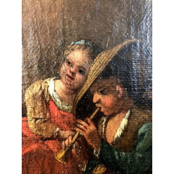ANTICO DIPINTO OLIO PAESAGGIO SCENA PASTORE PASTORELLA DANZA FLAUTO PECORE  '700