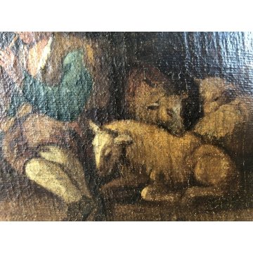 ANTICO DIPINTO OLIO PAESAGGIO SCENA PASTORE PASTORELLA DANZA FLAUTO PECORE  '700
