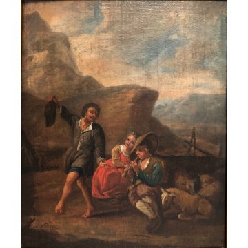 ANTICO DIPINTO OLIO PAESAGGIO SCENA PASTORE PASTORELLA DANZA FLAUTO PECORE  '700